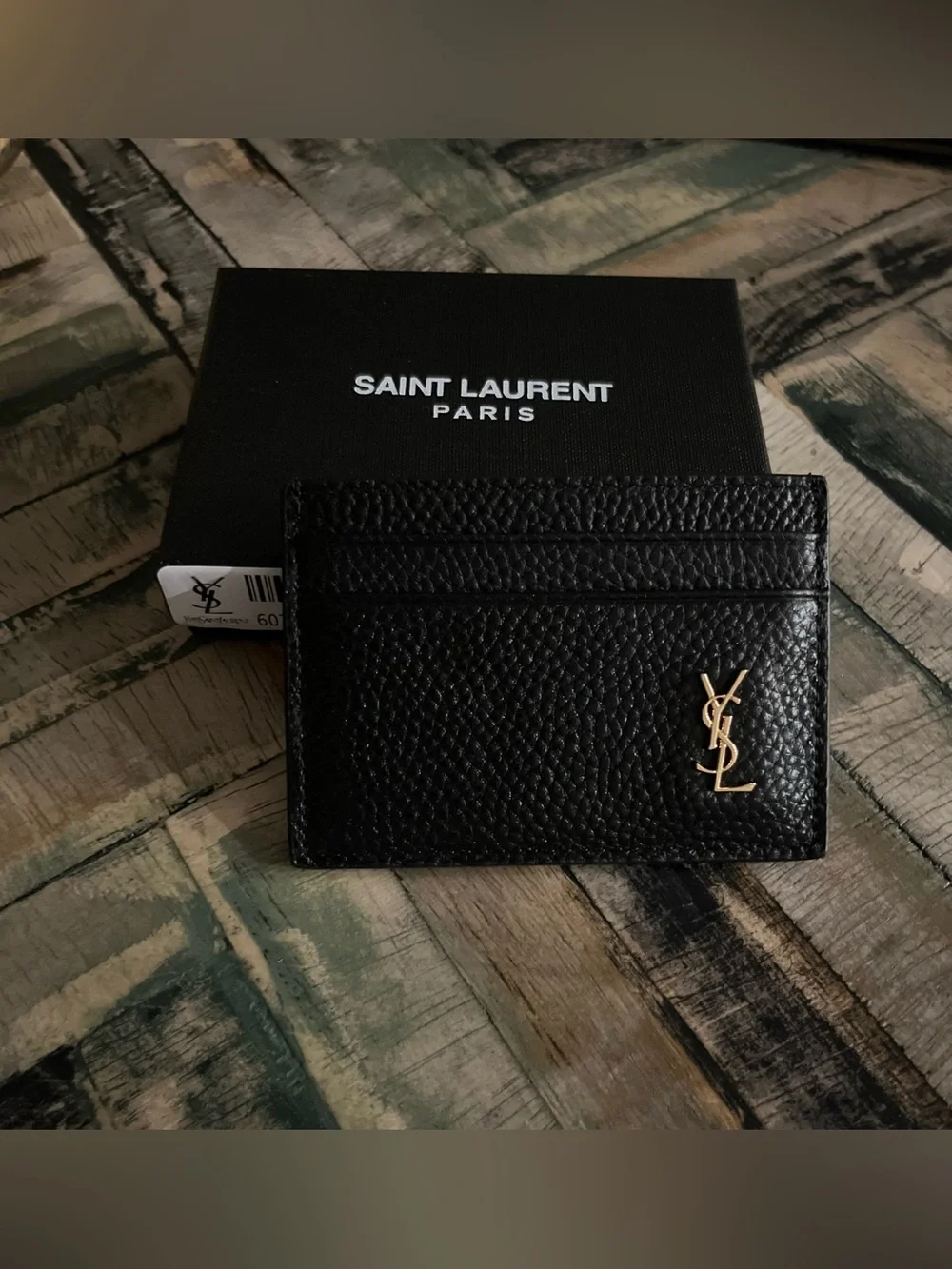 Saint Laurent Black Pebbled Leather Card holder yywith Gold YSL Emblem